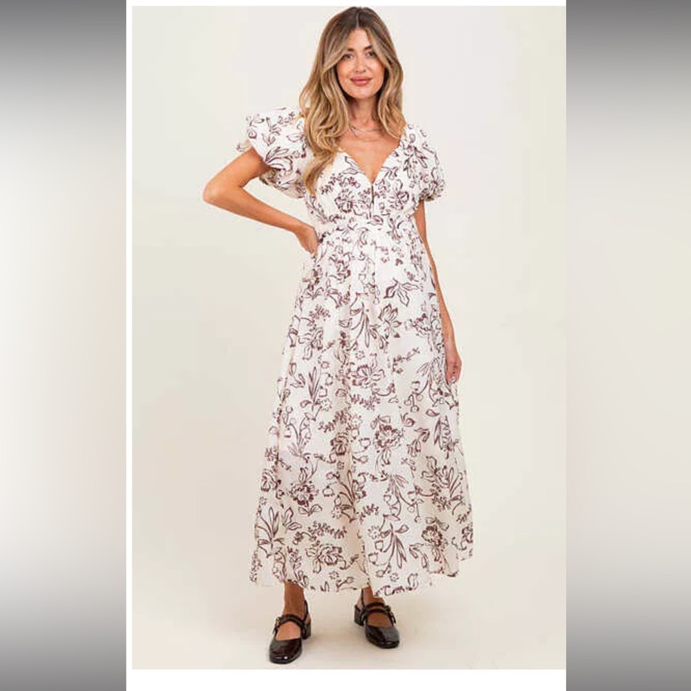 Cream Floral Puff Sleeve Pleated Bodice Maternity Maxi Dress